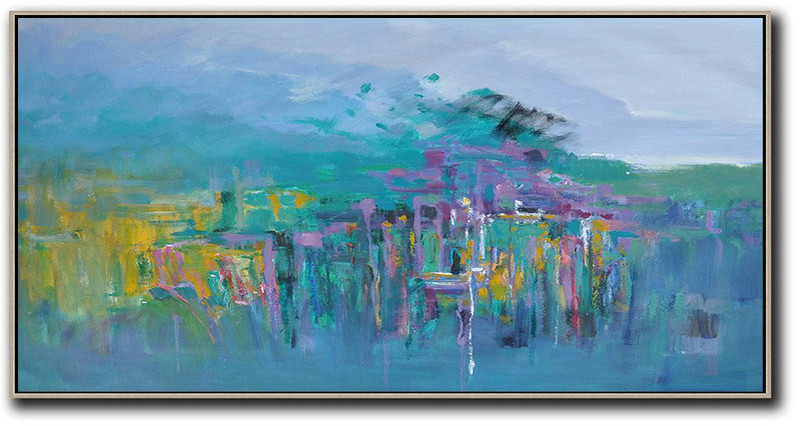 Original Abstract Painting Extra Large Canvas Art,Panoramic Abstract Landscape Painting,Canvas Wall Art Home Decor,Purple Grey,Green,Purple,Yellow